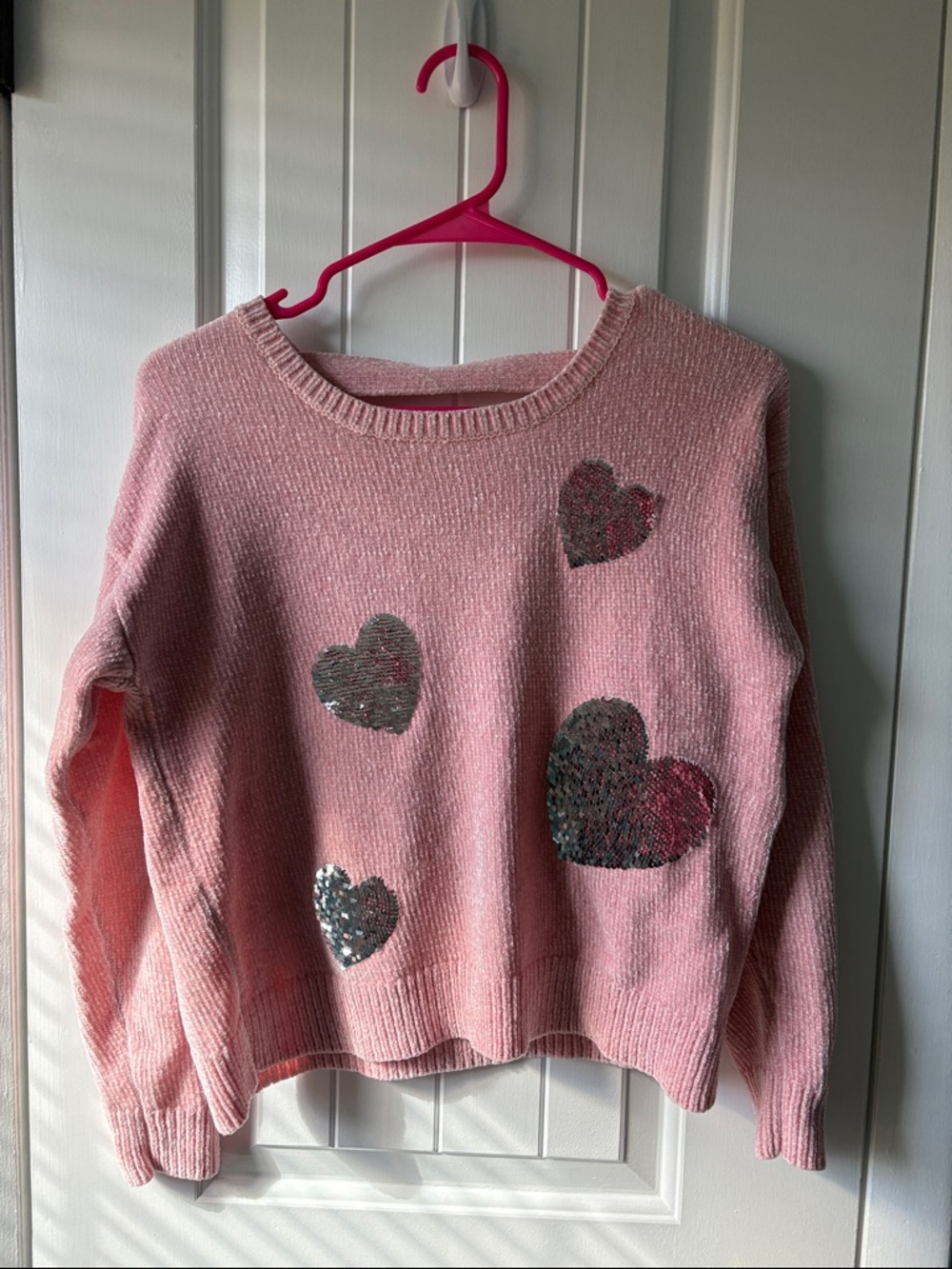 Justice Pink Sequin Heart Chenille Super Soft Sweater